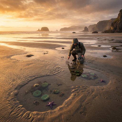 Coastal beach foraging scene at low tide